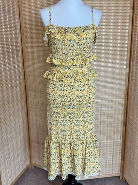 Antonio Melani Fruit Print Ruffle Smocked Midi Dress Figure Flattering